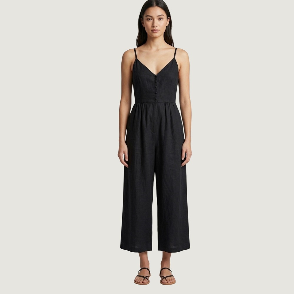 Olivaceous Black Ramie Cotton Wide Leg Jumpsuit Small Sleeveless Summer Beach